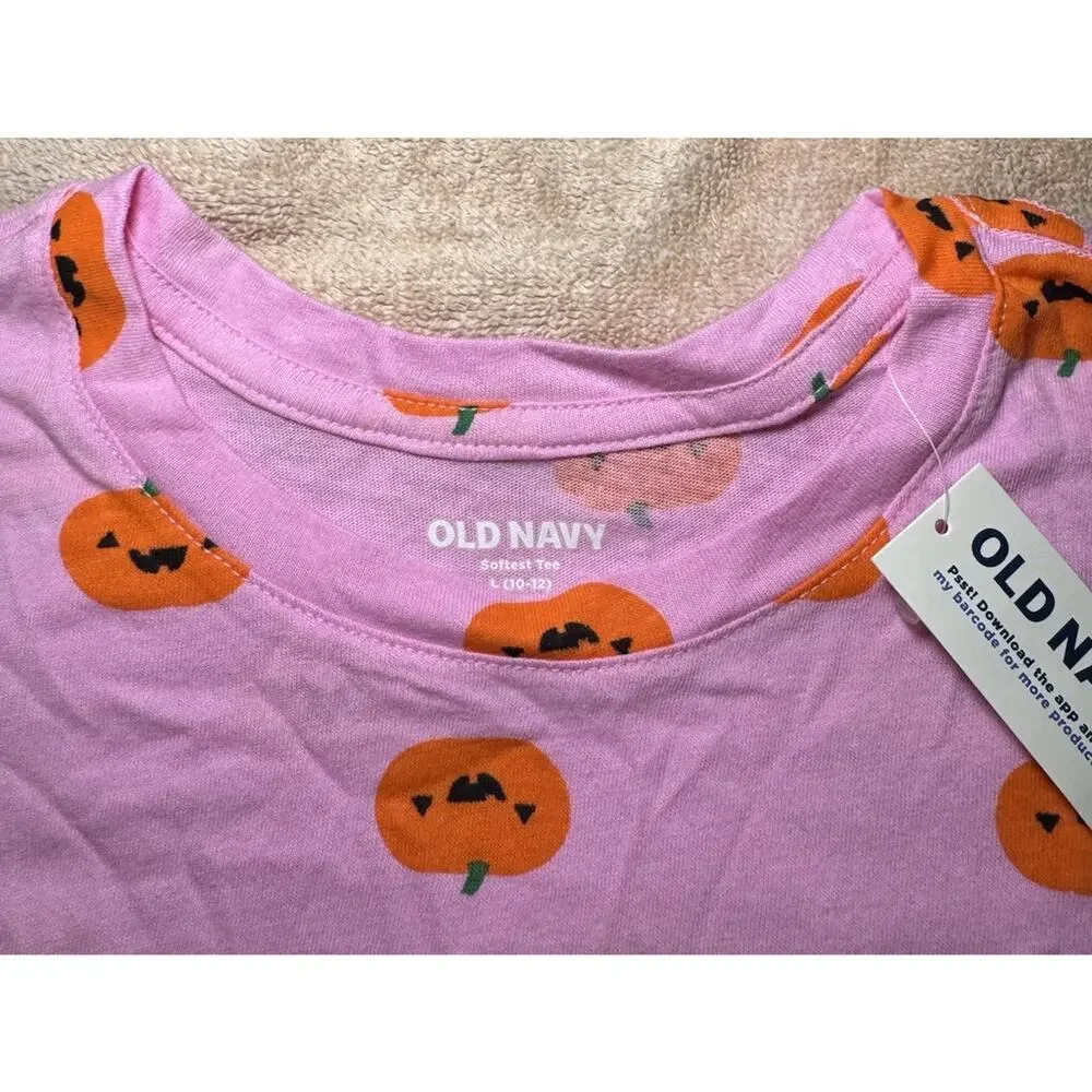 Old Navy Girls Large (10-12) Short Sleeve T-Shirt Pink W/Pumpkin Faces NWT NEW